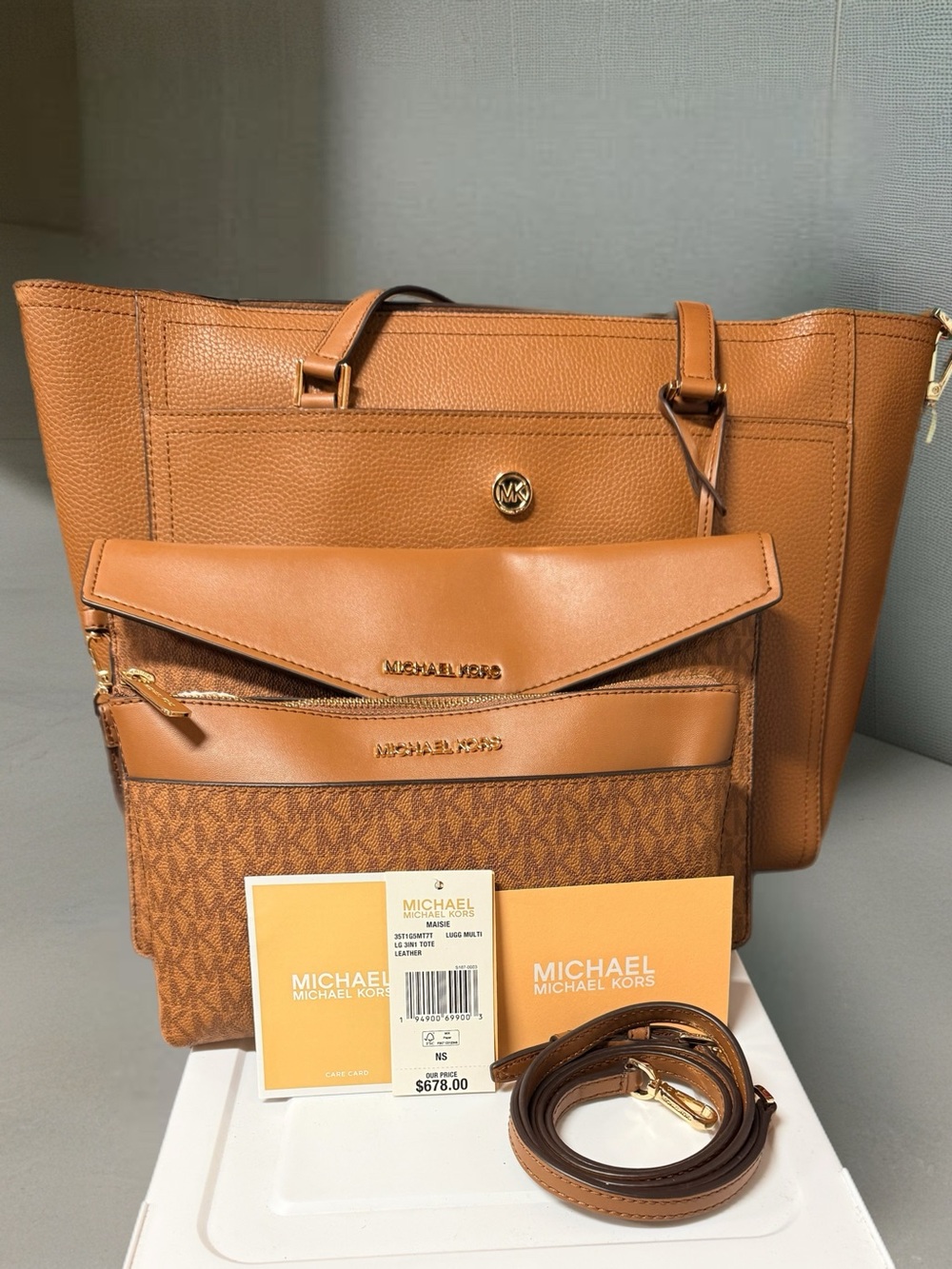 Michael Kors Tan/Brown Tote, crossbody , & matching clutch with Gold Hardware